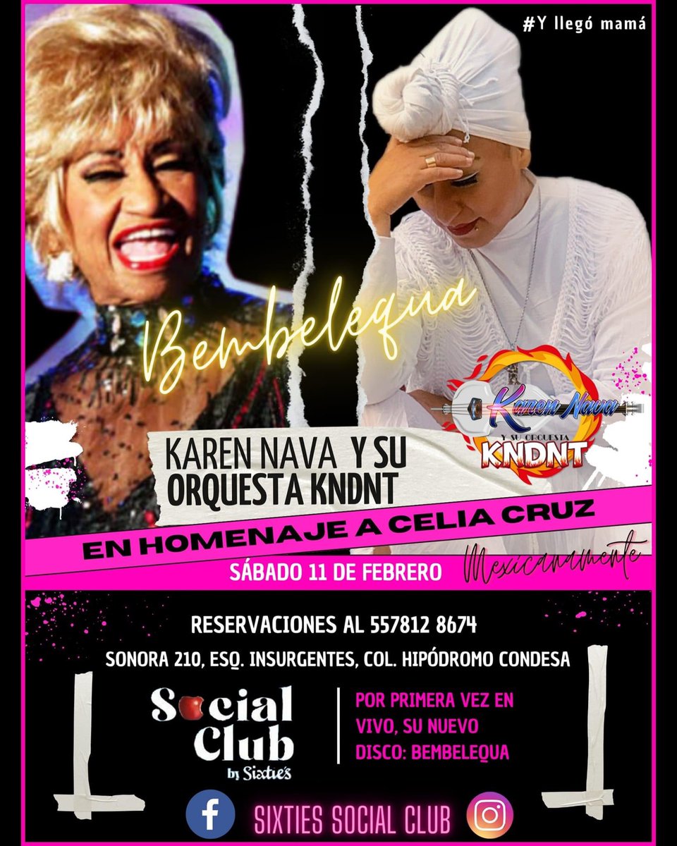 KarenNavaKNDNT's tweet photo. Homenaje a Celia Cruz Mexicanamente
¡Vive la música con Karen Nava y su Orquesta KNDNT!
#yllegómamá #KarenNava #OrquestaKNDNT #EnVivo #SixtiesBar #Homenaje #CeliaCruz #Mexicanamente #Bembelequa https://t.co/hcWm2meAQC