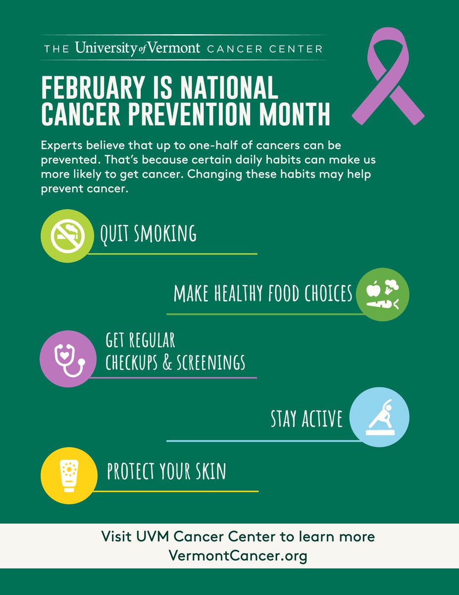 February is National Cancer Prevention Month, but any time is a good time to learn how to lower your risk of cancer. Here are 5 ways to reduce your #cancer risk. 🎗💜 #nationalcancerpreventionmonth #cancerprevention
Learn more at: uvmhealth.org/medcenter/well…