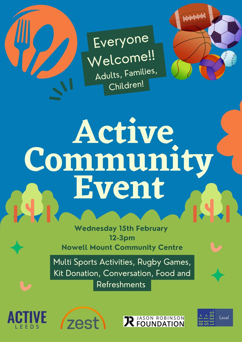 GetLeeds's tweet image. Join us at our Active Community Event
📝– Wednesday 15th February
⏰- 12-3pm
🔎- Nowell Mount Community Centre
A day full of fun activities, rugby games, community conversations, kit donations, food and refreshments.
Open to everyone including adults, families and children! #rfu