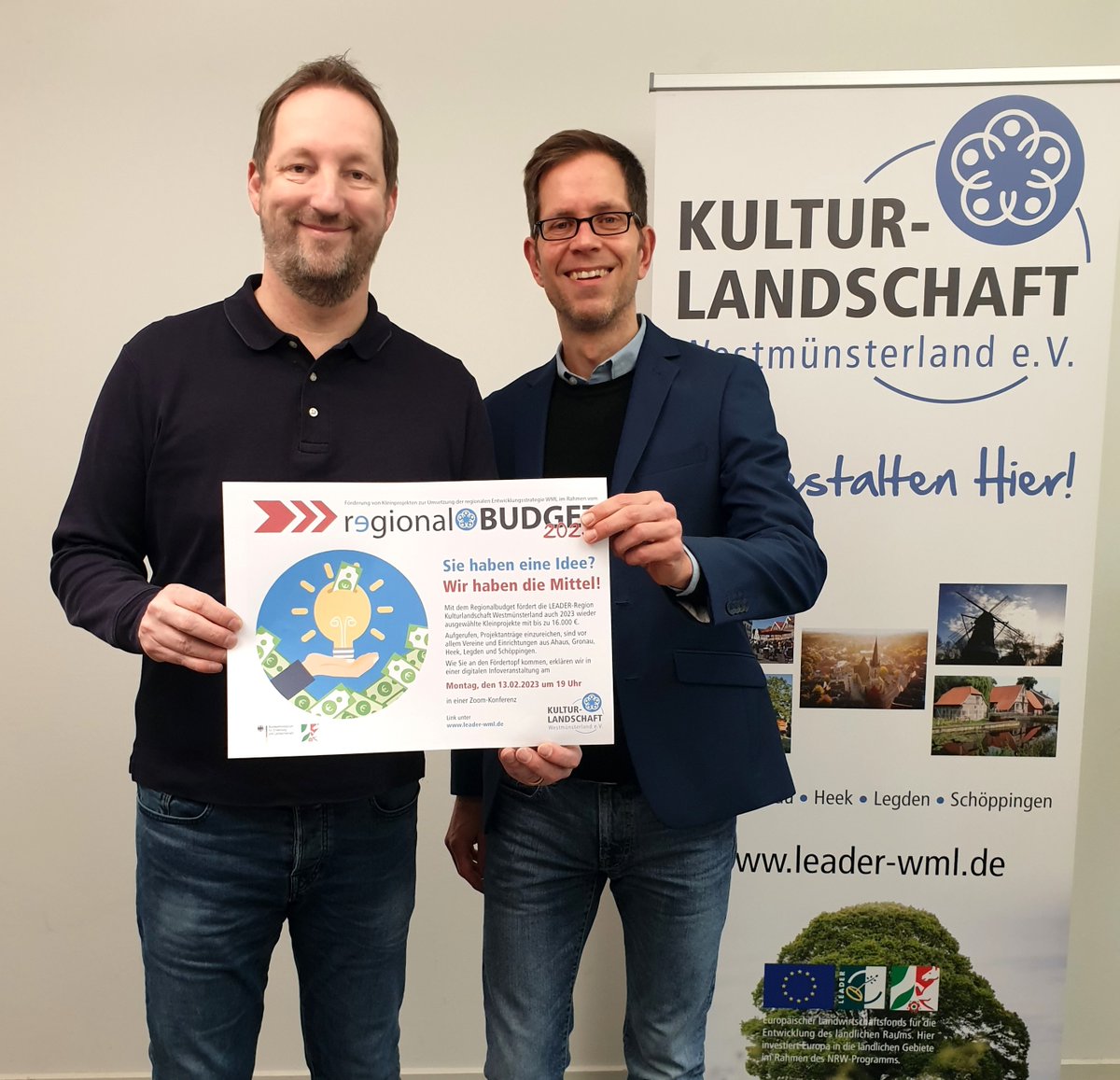 Kurze Erinnerung: Am

Montag, den 13.02. um 19 Uhr 

informieren wir via Zoom über das #Regionalbudget 2023 - dem schnellen Förderzugang für Vereine &amp; Co. zur Unterstützung von #Kleinprojekten bis 20.000 €. 80 % Förderung können wir anbieten.

Link: bit.ly/3RM4EkI