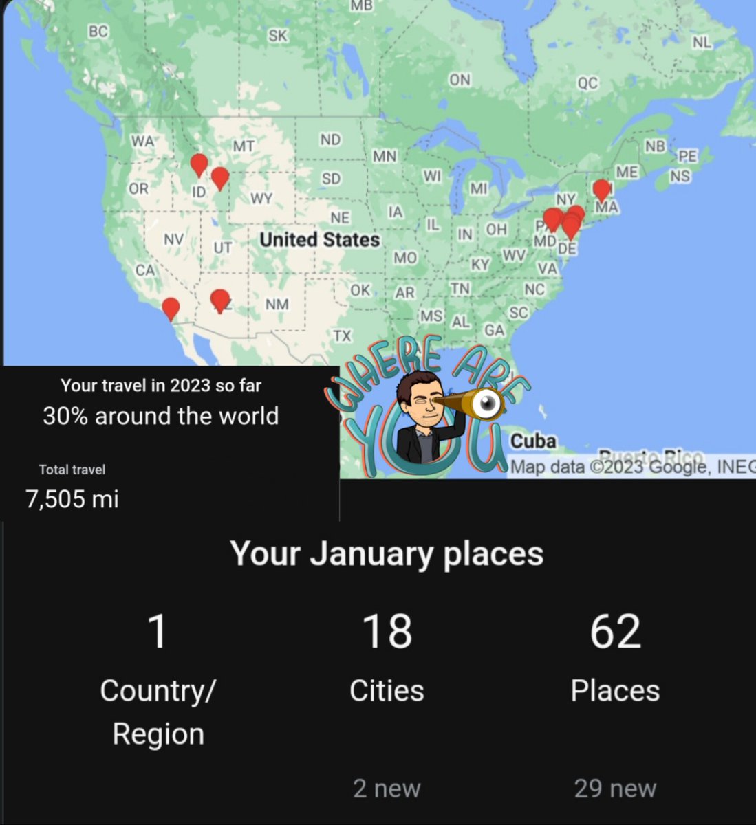 RichardGuerry's tweet photo. It's a New Year starting out strong! 💪
#Travel Stats - January 2023
🌎 30% around the world 
✈️ 7,505 miles
🏙️ 18 cities 

#publicspeaker #travel #education #changestartswithyou #OnlineSafety

Data provided by @google https://t.co/Q6xTcyjKm2