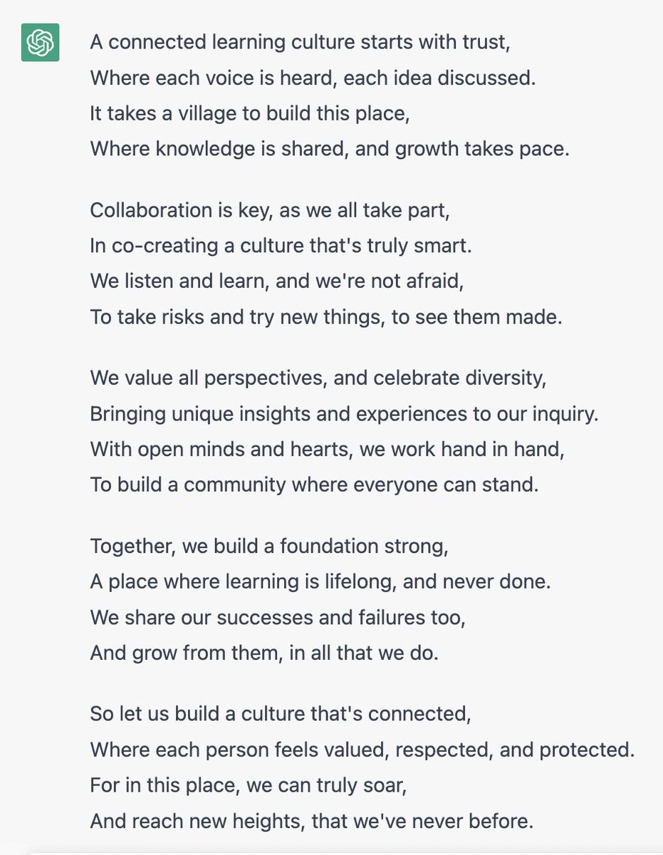 We asked #ChatGPT to write a poem about building a connected #learningculture and we love the result! 💥⁠
⁠
Is there anything you would add? Let us know 👇⁠
⁠
#futureofwork #collaboration #corporateculture #newwork #hr #humanresources #culturefirst