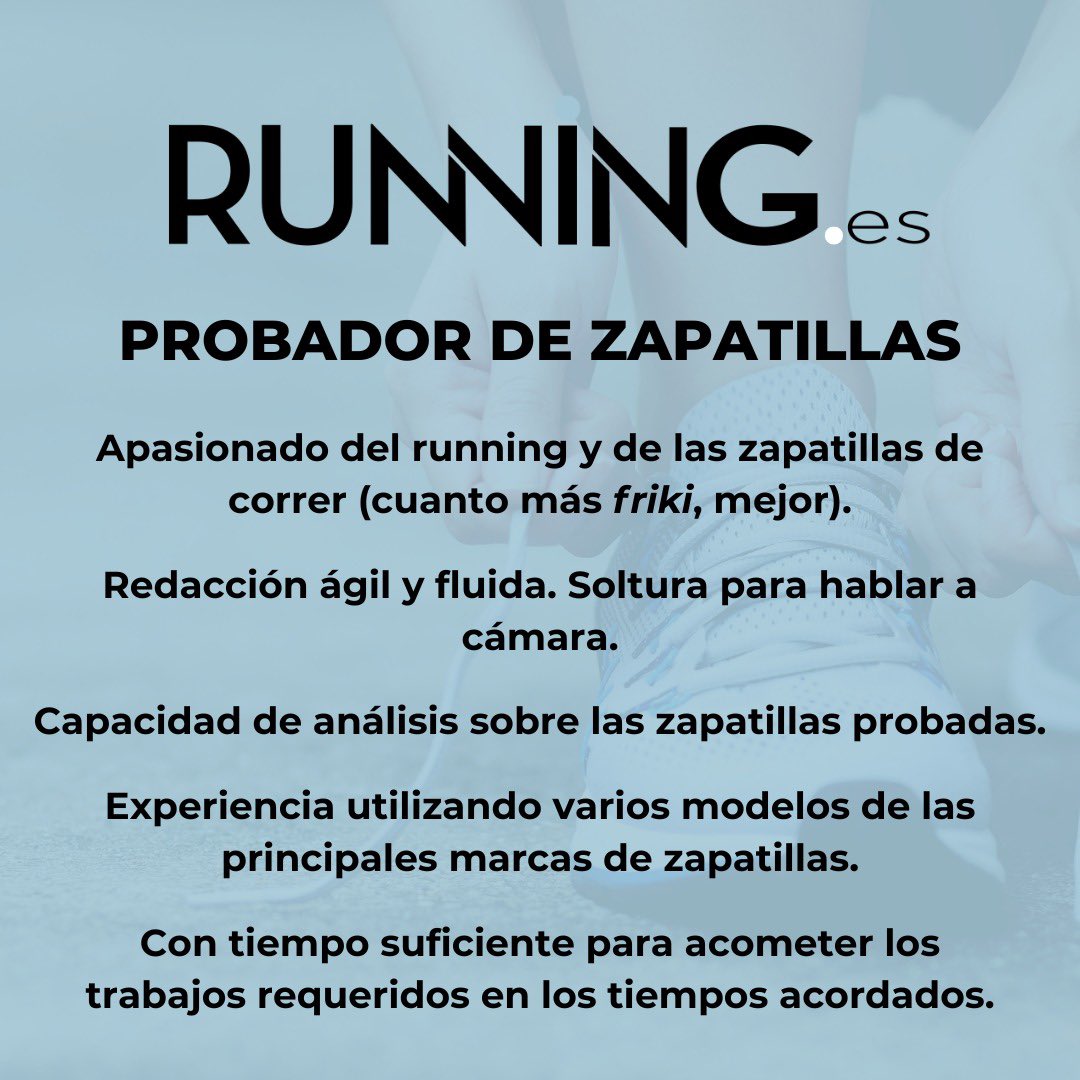 Hola a todos! Busco 2 perfiles para @Running_es : entrenador de atletismo y probador de zapatillas. Si conocéis a alguien que pueda encajar, contactarme por DM. ¡Gracias!