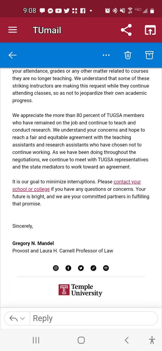 TUGSA  is not canceling classes by staging a walkout. They are not hurting my academic opportunities (the walkout applies to them too). Shows a school is nothing without its students. If you don't want interruptions, meet their demands. #TUGSAStrike #Temple I stand with TUGSA! ✊