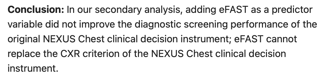 Ali S. Raja, MD (@aliraja_md) on Twitter photo Effect of Extended Focused Assessment w/ #SonographyForTrauma on Screening Performance of National Emergency X-Radiography Utilization Study Chest Decision Instrument
Madeline M Grade, MD et al. <a href="/UCSF/">UC San Francisco</a>
ow.ly/2A7E50MOfRB
<a href="/AnnalsofEM/">AnnalsofEM</a>
#NEXUSChestClinicalDecision #CXR #eFAST Effect of Extended Focused Assessment w/ #SonographyForTrauma on Screening Performance of National Emergency X-Radiography Utilization Study Chest Decision Instrument
Madeline M Grade, MD et al. <a href="/UCSF/">UC San Francisco</a>
ow.ly/2A7E50MOfRB
<a href="/AnnalsofEM/">AnnalsofEM</a>
#NEXUSChestClinicalDecision #CXR #eFAST
