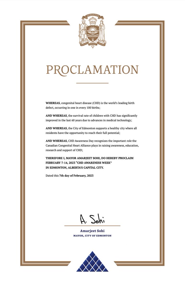 Way to go Alberta! Thank you to <a href="/CityofEdmonton/">City of Edmonton</a> for officially proclaiming #CHDAwarenessWeek and lending your support to raising awareness! #CCHAweraiseourhandsforCHD #CHDProclamation