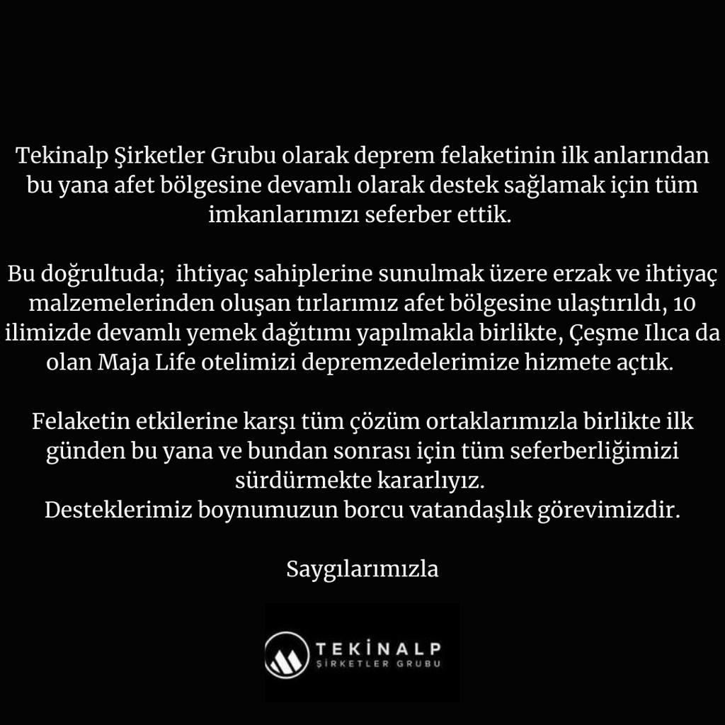 6.02.2023 tarihi itibari ile Tekinalp Ailesi ve Tekinalp Şirketler Grubu  olarak seferberliğimizi sürdürmekte kararlıyız. Desteklerimiz boynumuzun borcu vatandaşlık görevimizdir. 

#hatay #kahramanmaraş #gaziantep #adana #adıyaman #osmaniye #şanlıurfa #diyarbakir #kilis #mersin