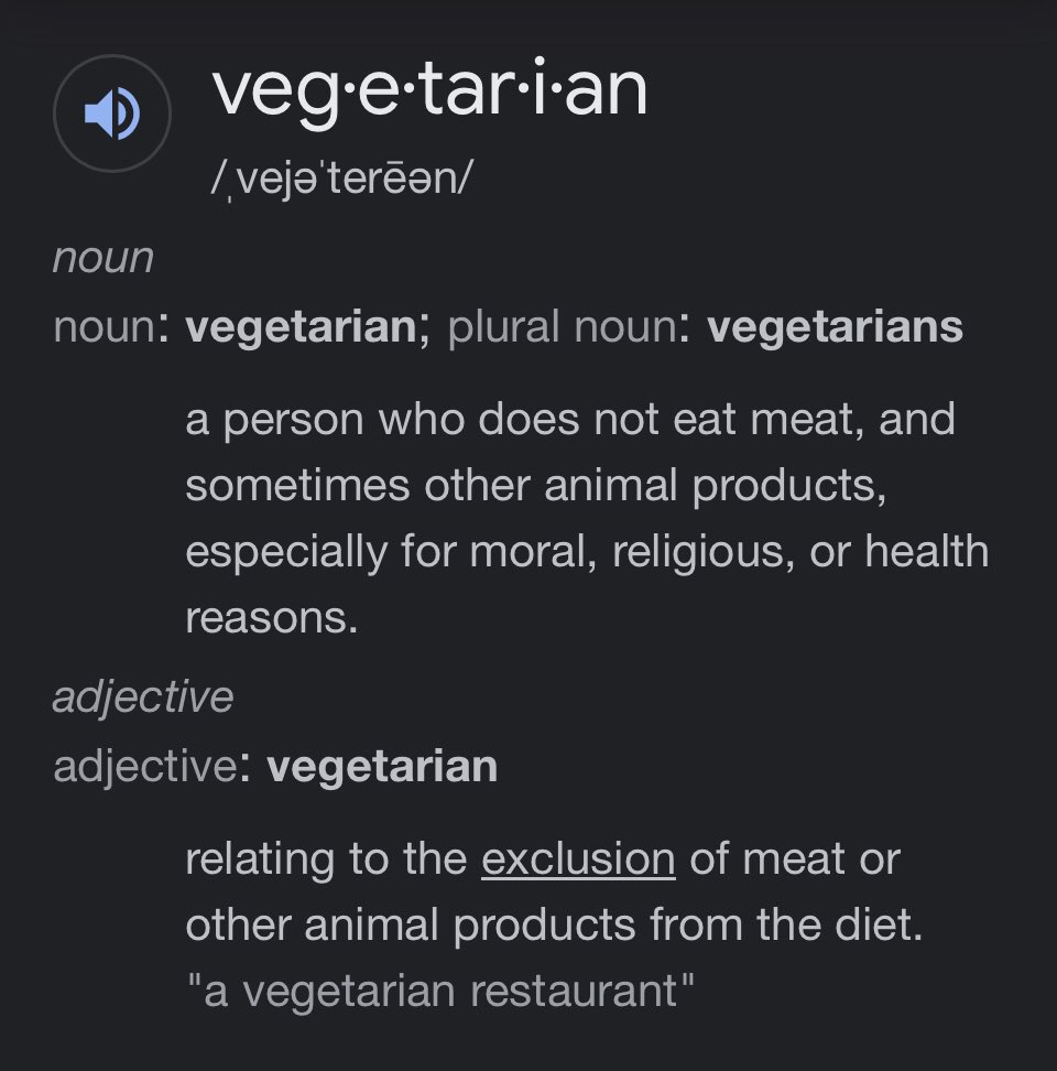 Greetings. The original term for vegan is vegetarian.. there’s no need to separate the two. If a “vegetarian” consumes any animal products (animal milks, eggs, animal cheese, animal butters, animal fats) they are not a vegetarian. 

#knowledge #nutrition #vegan #vegetarian #peta