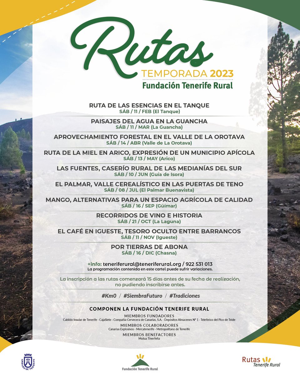 Recién salida del horno, nuestra programación de #rutasteneriferural 🥾🥾

Las inscripciones se podrán hacer cuando publiquemos los carteles de cada una de ellas

Atentos/as a las redes

#teneriferural #fundacionteneriferural #cabildodetenerife #km0 #tradiciones #tenerife
