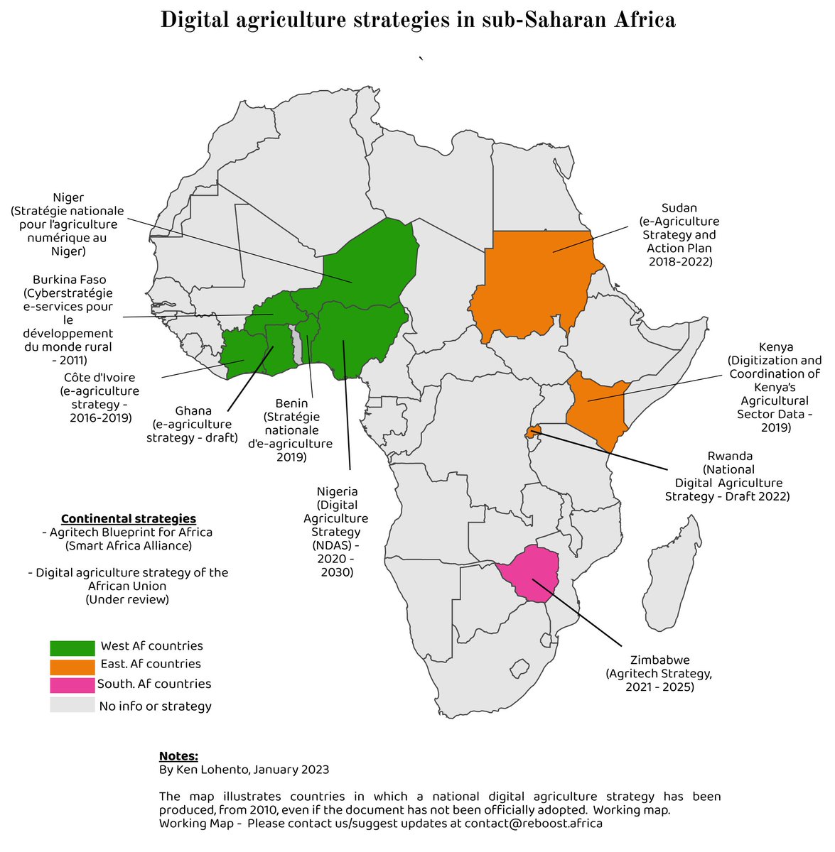 An interesting working map illustrating countries in Sub-Saharan #Africa in which a national #digitalagriculture strategy has been produced since the 2010s 👇 

For more details: lnkd.in/ewdjCEd8
@kenloh 

#FAO #digitalagriculture #estrategies #digitalstrategies #D4Ag