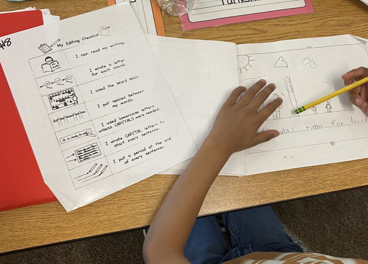 WeinkeLara's tweet image. Using our editing check list with our writing partners today. #kindervibes @HospElementary