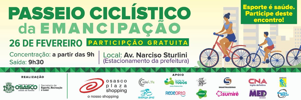 MundoEbicen's tweet photo. Para a galera de Osasco, temos mais um passeio ciclístico pela emancipação da cidade.
No domingo de 26 de fevereiro de 2023 - início 9h
Av. Narciso Sturlini, estacionamento da Prefeitura de Osasco.
Como sempre, sorteio de brindes ao final.
Vamos pedalar! https://t.co/xCbuSwOz4T