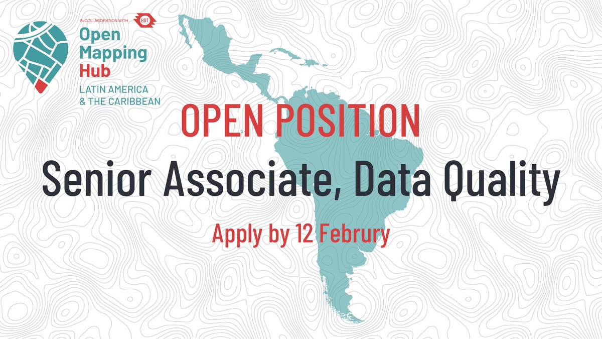hotosm's tweet image. Seeking a Latin American local, passionate about open mapping &amp;amp; communities, advanced user of OSM with experience in editing, validation &amp;amp; quality assurance tools. Proven experience building or strengthening communities around data quality. Apply: bit.ly/3wcEjSK