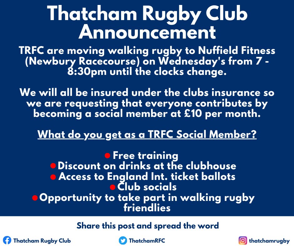 TRFC ANNOUNCEMENT! Share this with friends and family:
For anyone who wants to try something new, find a new way to get moving or meet some new people - walking rugby with Thatcham Rugby Club could well be for you!