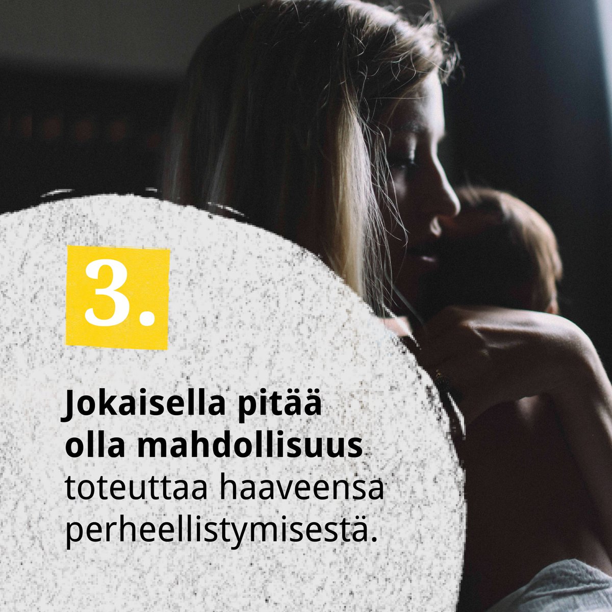 Lapsiperheellistymistä tukevia #eduskuntavaalit2023-tavoitteita:
✅Hedelmöityshoitoihin lisää resursseja!
✅Syrjinnän suojaa työelämään.
✅Adoptiomahdollisuus avoliittoon.
✅Lapselle oikeus useampaan vanhempaan.
✅ Laki sijaissynnytyksistä.

Lue lisää 👉monimuotoisetperheet.fi/perhepolitiikk…
