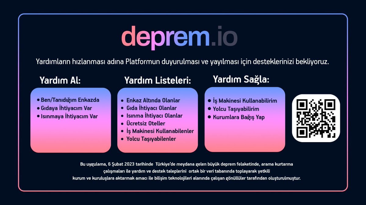 Depremde koordinasyon sağlamak için bir çok yazılımcı arkadaşımız böyle bir platform oluşturmuş.
Ekipten arkadaşlar kripto komunitesine yaymam için rica ettiler. Lütfen bu platformu yayabilir miyiz?
Çok başarılı site yapmışlar bu süreçte standart site haline getirelim...