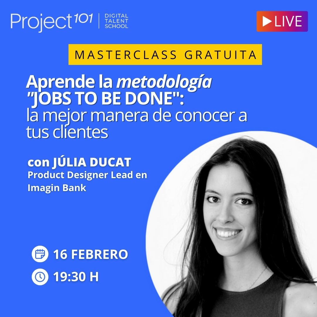 SomosProject101's tweet photo. ¿Conoces la metodología "Jobs To Be Done"?📅El próximo 16/02 a las 19/30h #masterclassgratuita con 
@JuliaDucat, Product Designer Lead en #ImaginBank.👉Reserva tu plaza aquí >> https://t.co/KdlM9uaYOg

#digitalproductmanager #leads #productmanager #estrategiademarketing https://t.co/EjduDSh2vR
