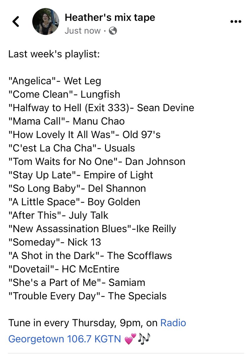 Heathersmixtape's tweet photo. Last week’s playlist featured @wetlegband, @MontanaSeanD, @manuchao, @Old97s, @DanJohnsonUS, @julytalk, @IkeReilly, @nick13official, @HCMcEntire, @thespecials &amp;more! Tune in every Thursday, 9pm, on @KGTNGeorgetown 💕🎶 https://t.co/tylZb8DNch
