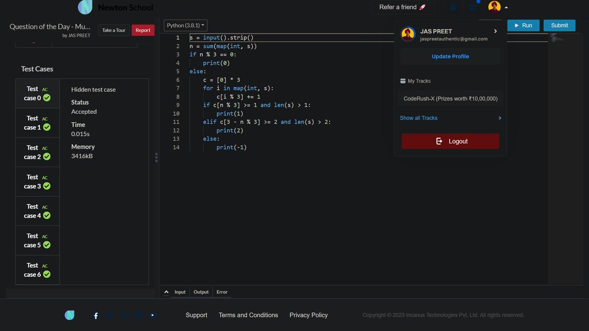 jaspreetinfosec's tweet image. Today I have solved  Multiple of 3
 using #Python 
#Day25 of #30daysofcode 
@everydaycoders
#community #coding #programming #competitiveprogramming #codingchallenge #dsa #bubbleupcommunity #codedu