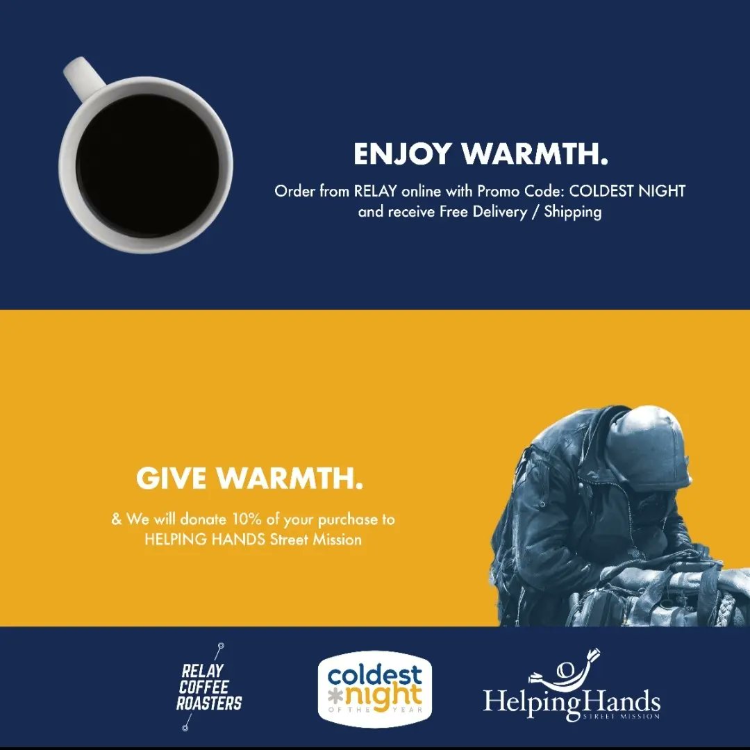RELAY is partnering with Helping Hands Street Mission (hhsmhamilton.com)! Order coffee from RELAY, use promo code COLDEST NIGHT, and we'll deliver coffee directly to your door AND donate 10% of your purchase to Helping Hands Street Mission for the month of February. #cnoy