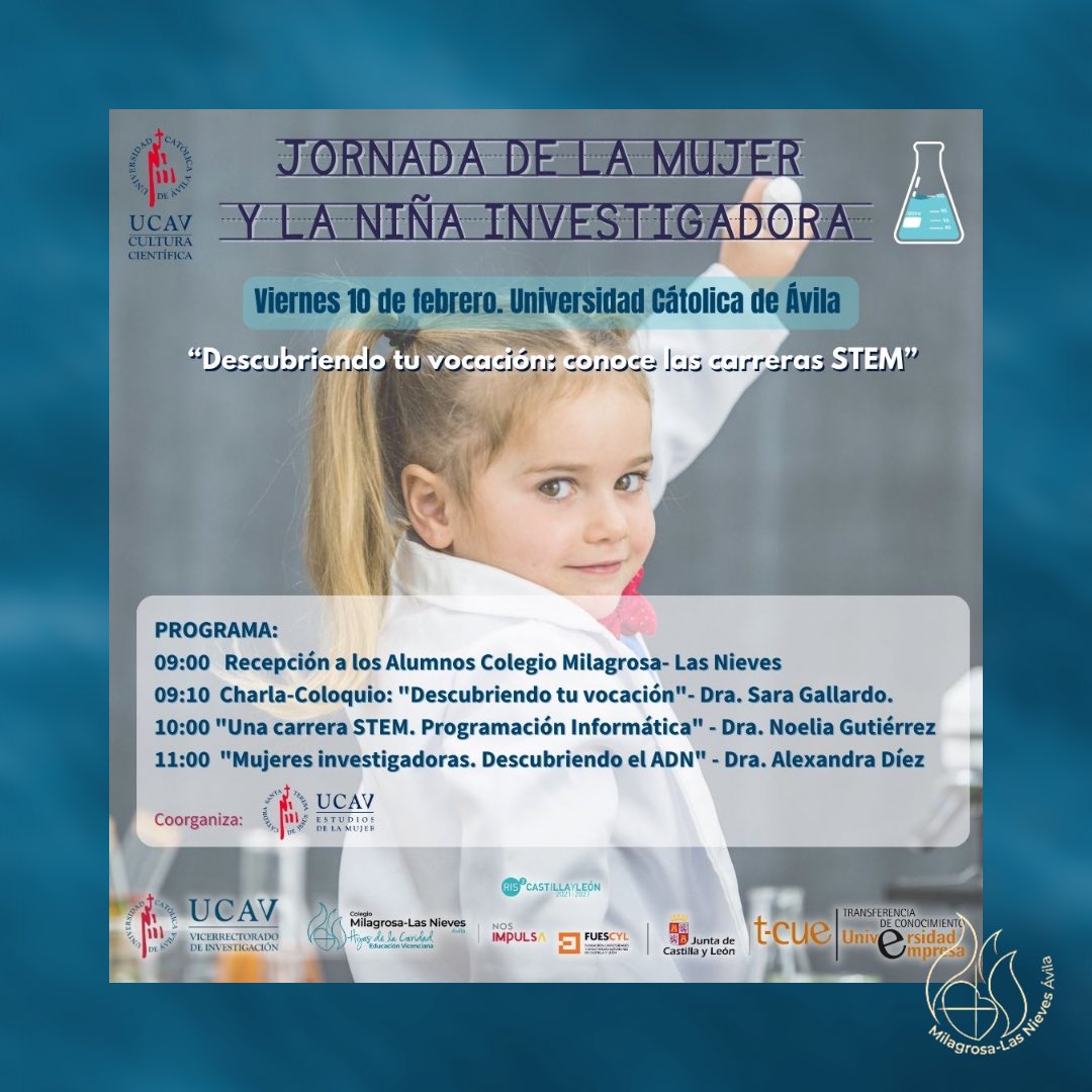 MilagrosaNieves's tweet photo. "Descubriendo tu vocación: conoce las carreras #STEM" gracias a la @UCAVILA_ por ofrecernos unas jornadas desde #culturacientífica en colaboración con la Cátedra de Estudios de la Mujer. #díamujeryniñaenciencia #ciencia #colegioshhcc #construimossueñosdepaz @ucav_divulga https://t.co/mnPYujIbYr