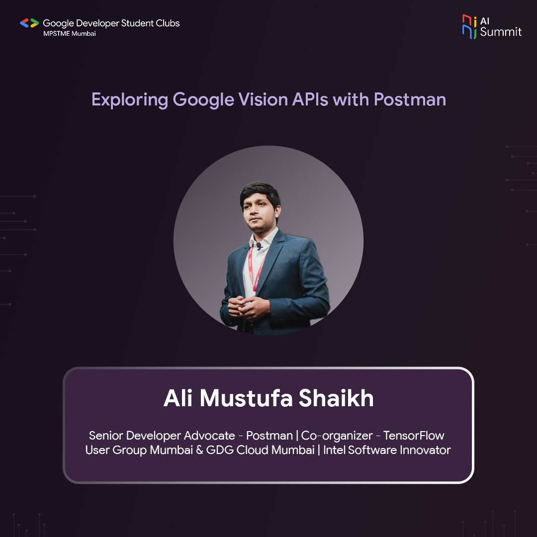 GDGoC_MPSTME's tweet photo. 🔥Lightning strikes at the #GDSC AI Summit with our next speaker! 

💥Meet @ialimustufa, Sr. Developer Advocate at 
@getpostman and Co-Organizer of @tfugmumbai &amp;
@GDGCloudMumbai!

🤖 He'll be exploring "#Google Vision APIs with Postman". 

🚀 Get ready for a tech-packed session! https://t.co/OYRZDO3gJv