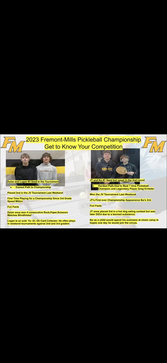 The big day is finally here. FM pickle ball tournament championship. 2 great teams going at it. <a href="/d2mart/">Derek Martin</a>