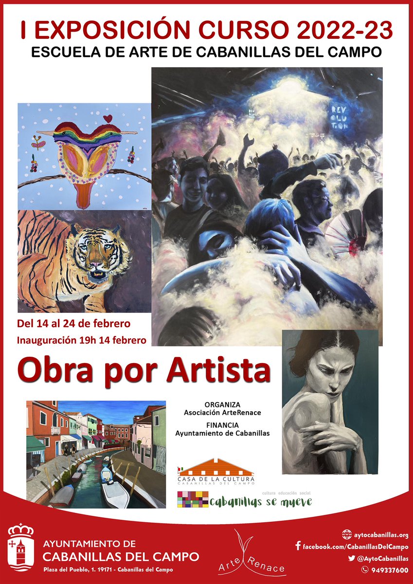📌 NUEVA EXPOSICIÓN "OBRA POR ARTISTA"

👩‍🎨 La Escuela de Arte de ArteRenace organiza una nueva muestra "Obra por Artista"
📅 14-24FEB
🏛️ Casa de la Cultura
🕘 Visitas 9-21 h.
✂️ Inauguración: Martes 14, 19 h.

#CabanillasSeMueve