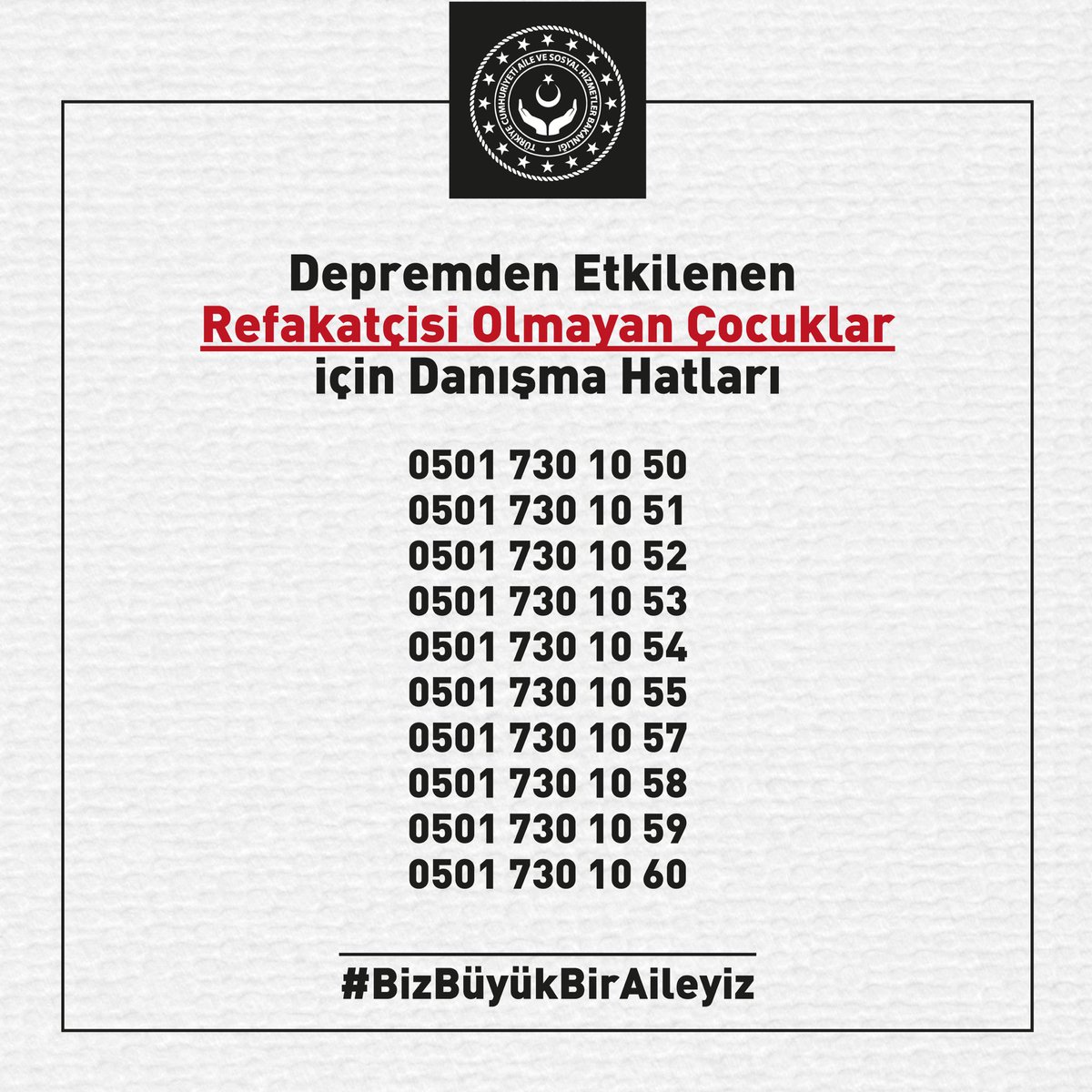 T.C. Aile ve Sosyal Hizmetler Bakanlığı (@tcailesosyal) on Twitter photo Afet bölgelerinde aile ve yakınlarına ulaşılamayan çocuklarımız için bir çağrı merkezi kurduk.
Vatandaşlarımız aşağıdaki numaralar üzerinden çağrı merkezimizle irtibata geçebilirler.
<a href="/deryayanikashb/">Derya Yanık</a> Afet bölgelerinde aile ve yakınlarına ulaşılamayan çocuklarımız için bir çağrı merkezi kurduk.
Vatandaşlarımız aşağıdaki numaralar üzerinden çağrı merkezimizle irtibata geçebilirler.
<a href="/deryayanikashb/">Derya Yanık</a>