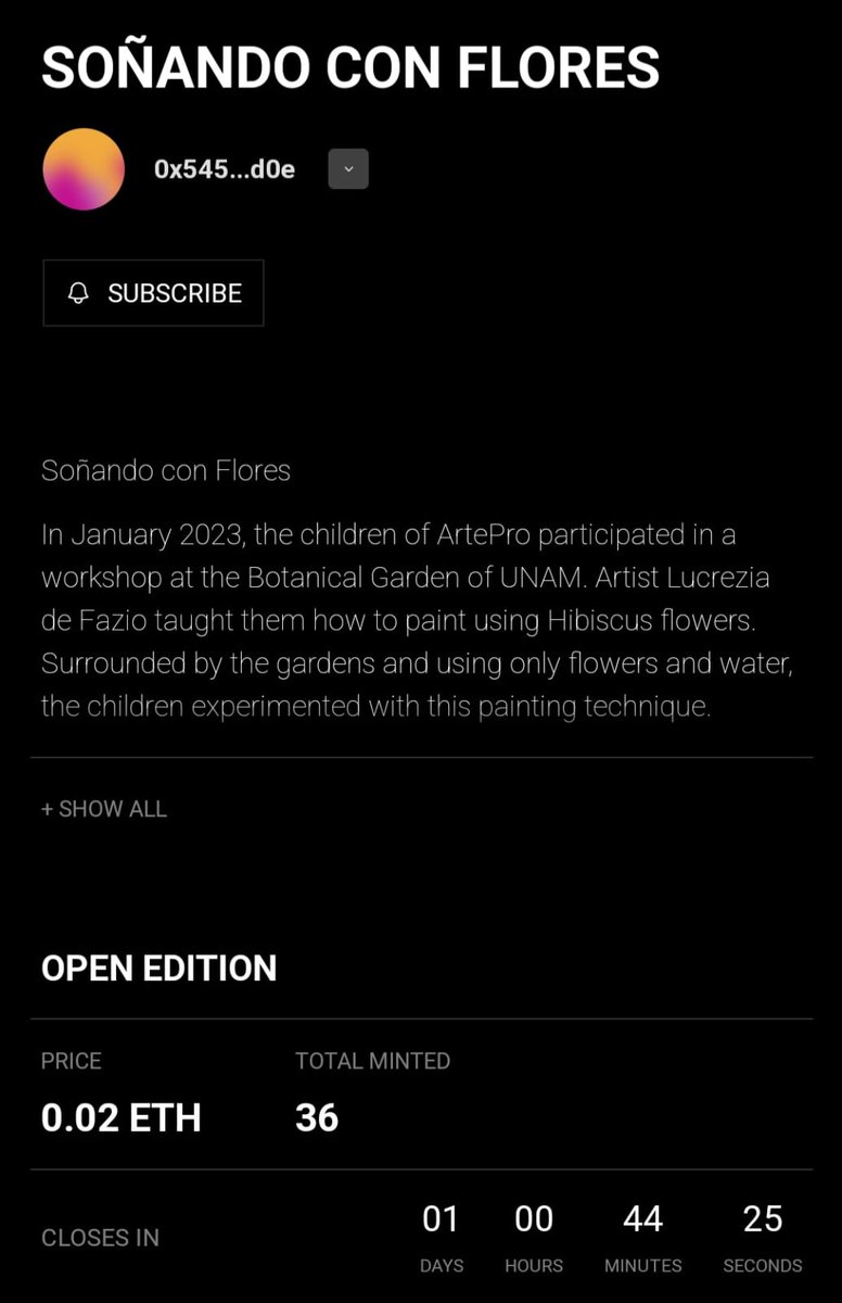 ArtePro1's tweet photo. 1 day left to mint Soñando con Flores, #ArtePro3 inaugural piece. 

Soñando con Flores is an AI artwork generated using the paintings the children made in ArtePro's first 2023 workshop. 

@jaka_labs @operator_______ https://t.co/u1ZVJRXN1L