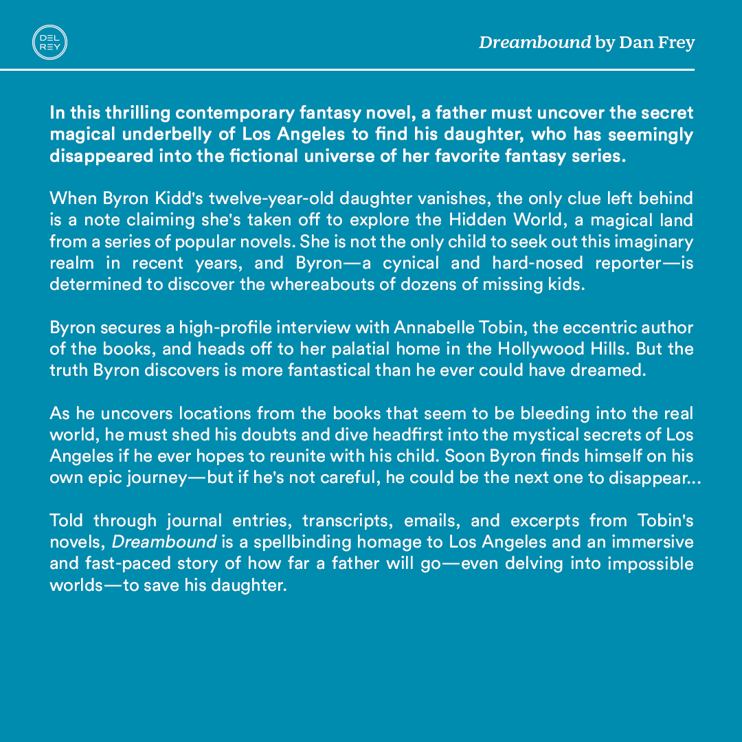 Excited to reveal the gorgeous cover art for my next novel DREAMBOUND! 
A fun fantasy-mystery set in modern LA, exploring the two things that matter to me most: storytelling &amp; fatherhood. 
Huge thanks to artist Scott Biel and @delreybooks 

On sale 9/12/23 shorturl.at/CDZ06