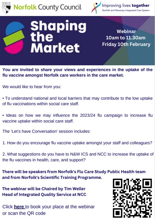 There is a Shaping the Market workshop looking at flu vaccine uptake taking place online tomorrow at 10am. This workshop is open to Carers. See below for more info #ThinkCarer