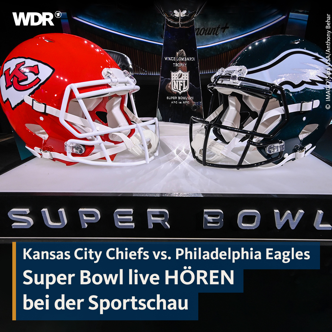 WDR's tweet photo. Den #SuperBowlLVII live hören: Das geht in der Nacht auf Montag bei der @sportschau. @JanWochner kommentiert ab 00:30 Uhr das Spiel zwischen @Chiefs und @Eagles. Auch im Livestream auf https://t.co/q23IuzbtkM: Halftimeshow mit Rihanna und Analyse mit Korrespondentin @KatrinBrand. https://t.co/re9jm5Nk6U
