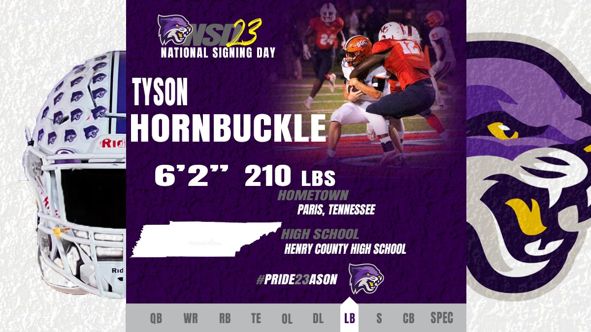 ✍️ Tyson Hornbuckle is 🔒 into being a Wildcat!

Welcome, <a href="/TysonHornbuckl1/">Tyson Hornbuckle</a> !

🏈 LB | 6-2 | 210
📍 Paris, Tennessee
🏫 Henry County HS

#ChasingGreatness|#Pride23ason
| #NSD23