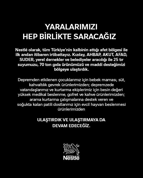 Kızılay, AHBAP, AKUT, AFAD, yerel dernekler ve belediyeler aracılığı ile 25 tır suyumuzu, 70 ton gıda ürünlerimizi ve maddi desteğimizi bölgeye ulaştırdık ve ulaştırmaya devam edeceğiz. Birbirimize kenetlenerek, durmadan destek olarak bu zor zamanların üstesinden geleceğiz.