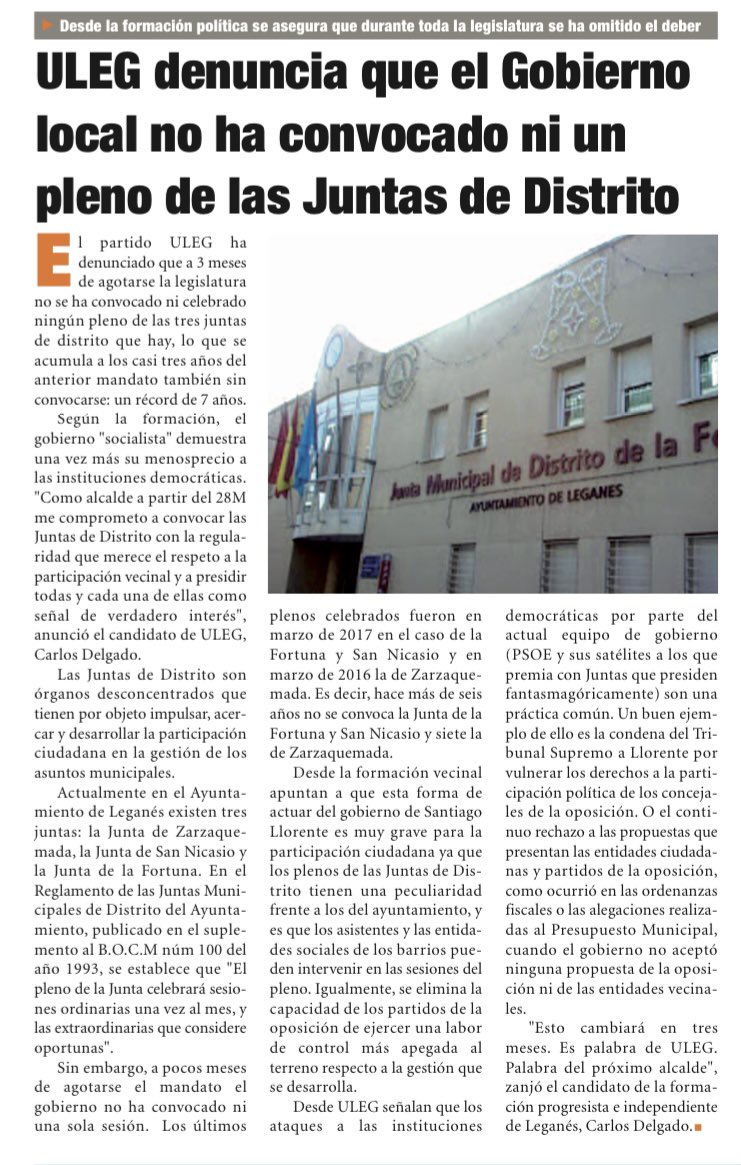 📰 PRENSA

En la edición impresa del periódico <a href="/Aldialeganes/">AL DIA Leganés</a> se hacen eco de la denuncia lanzada por #ULEG sobre que el gobierno no convoca las Juntas de Distrito:

➡️ ULEG denuncia que el Gobierno Local no ha convocado ni un pleno de las Juntas de Distrito. 

#ULEG #Leganés