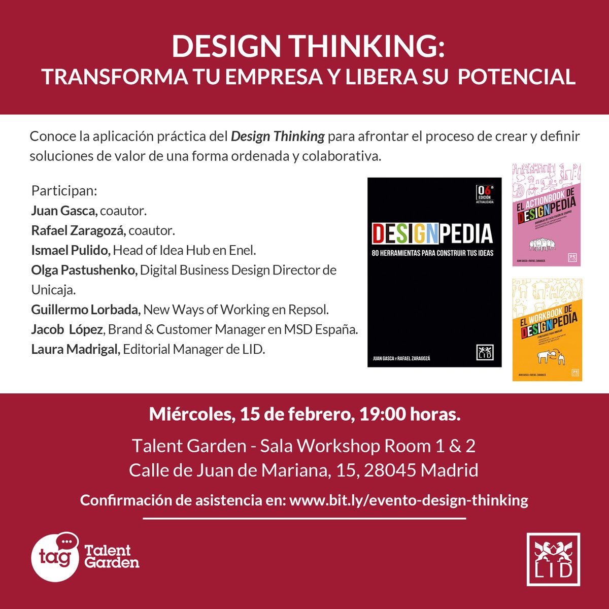 👀15/02 No te pierdas el evento #DesignThinking. Transforma tu empresa y desbloquea tu verdadero potencial con <a href="/JuanGascaTC/">Juan Gasca</a>, <a href="/RafaZaragozaTC/">rafaelzaragoza</a>, autores de #Designpedia, en @talentgardenes 
Toda la info: lideditorial.com/noticias/1502-… 
Nos acompañarán <a href="/Repsol/">repsol</a> <a href="/MSDEspana/">MSD España</a> <a href="/UnicajaBanco/">Unicaja</a> #enel