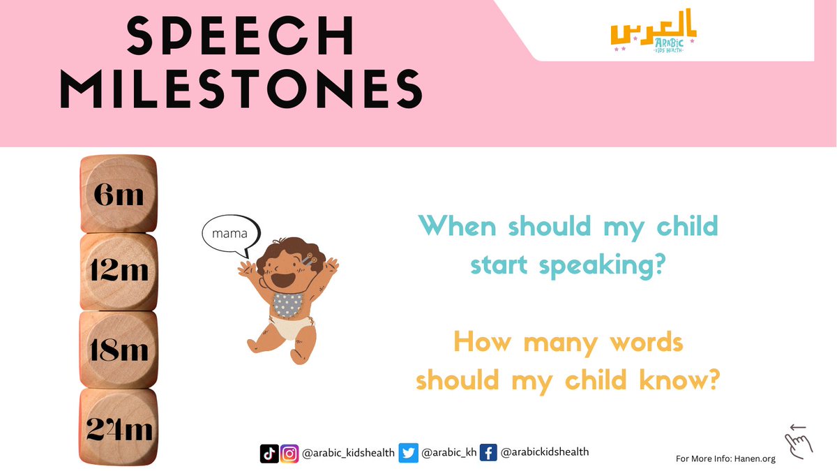 (1/2) Here are some speech milestones to determine when children should start speaking! 

#arabickidshealth #OurKidsHealth #OKHEnglish #kids #health #wellbeing #speakingmilestone #children #speechtherapy #speechdevelopment   #speechpathology #wellness #speaking #babies