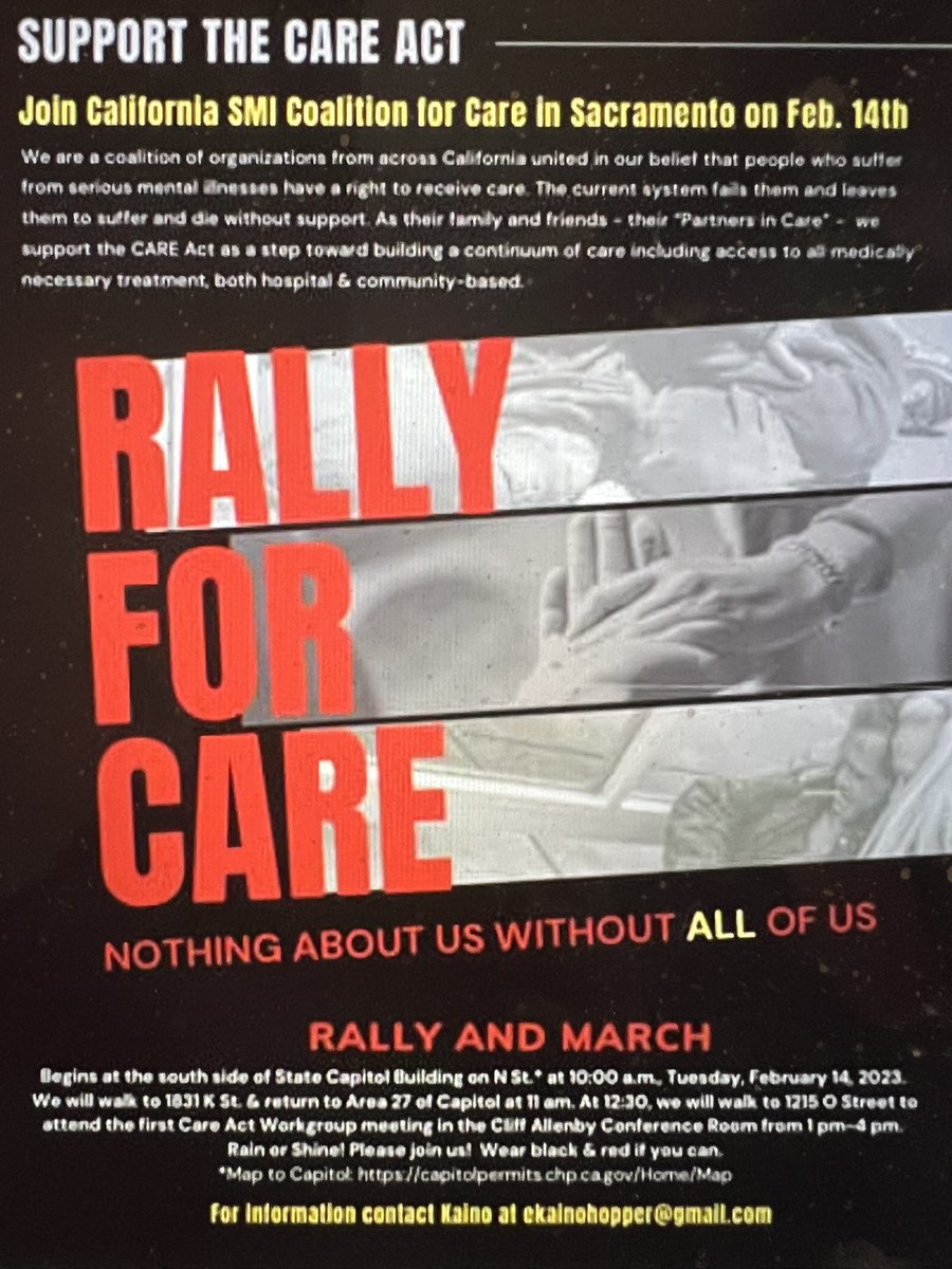 tcpasquini's tweet photo. ACTION ALERT: We ARE LOOKING FOR MORAL SUPPORTERS for OUR "RALLY FOR CARE."

IF YOU support CARE Act please respond in the comments of this post with your name and county of residence. California residents only please!

"Treatment for ALL and ALL for a Right to Treatment." https://t.co/I1MApUmYWa