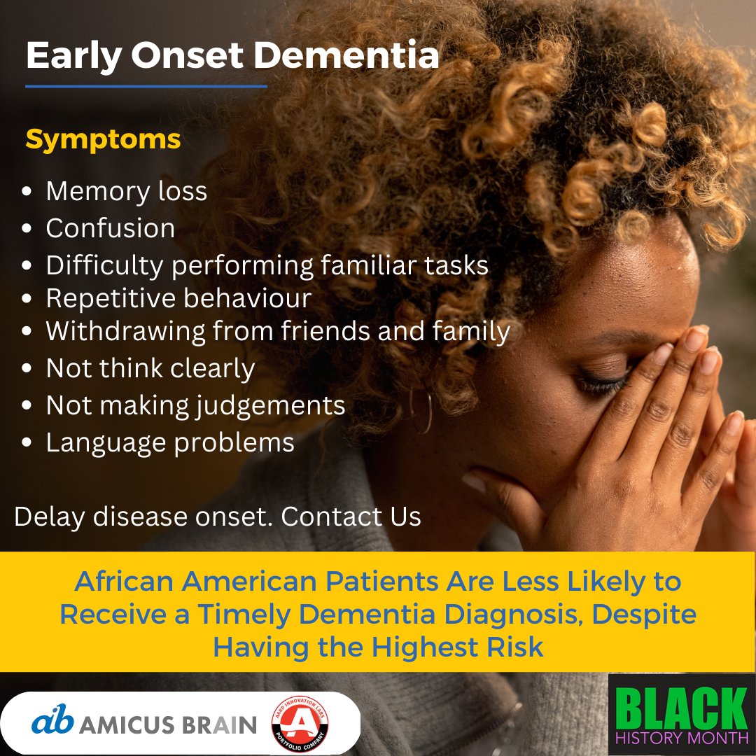 It’s #BlackHistoryMonth. Today, we focus on what is Early Onset Dementia, how you could lower your risk of developing dementia and how it impacts the African American community. 

Connect with us amicusbrain.com

#blackhistorymonth  #earlyonsetdementia
@AgeTechCollab