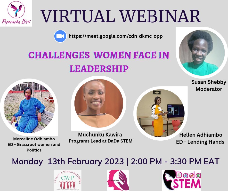 Join us  on Monday 13th February 2023 through the link below as we deliberate with other women/ladies on how to make the leadership space better
meet.google.com/zdn-dkmc-opp
