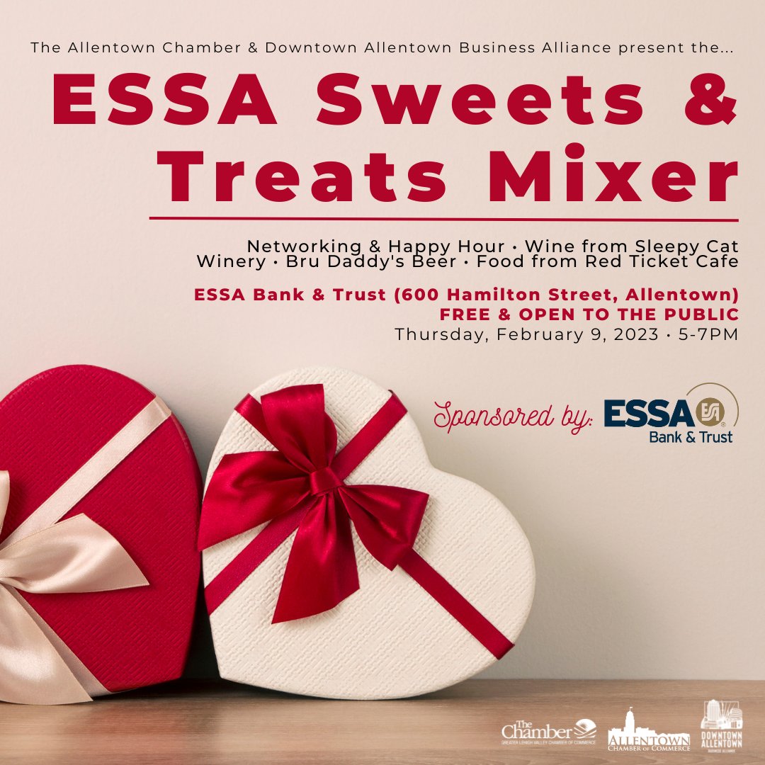 dwntwnallentown's tweet image. Join us TODAY for a sweet treat and mingling at ESSA's Happy Hour Mixer! Savor wine and beer samples while shopping unique gifts from local craft vendors.

Plus, enter our raffle to support the students of Allentown School District. See you there! #SweetsAndTreats #ESSA #ASD