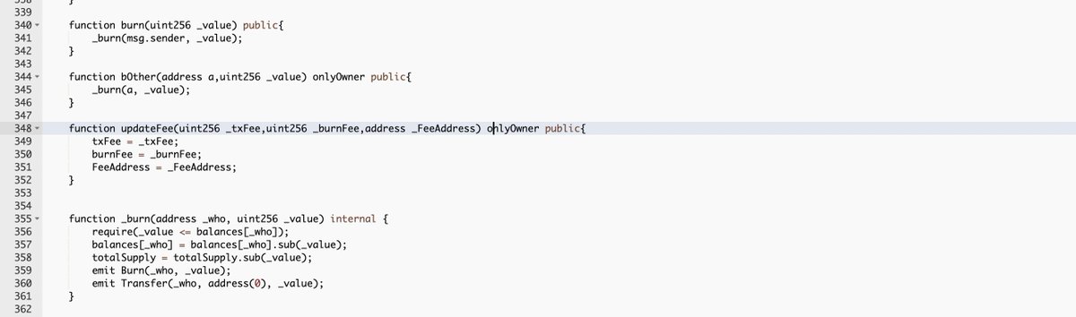 Trugard_Labs's tweet photo. -Owner can use b0ther function to burn tokens from anyone at anytime.

-Owner can set the Transaction fee to 100% using updateFee function essentially creating a honeypot contract.

#info_sec #crypto_sec @MatchSystems @sniko_ @Mesiagh @kodr_eth https://t.co/ofSySqpKEL