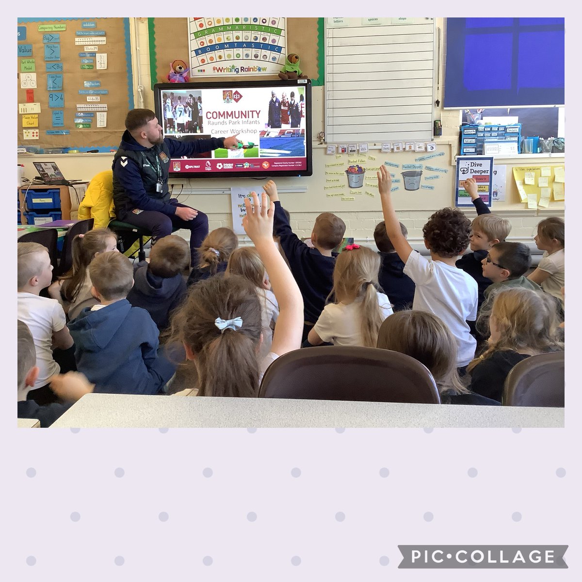 MissE_Sparrows's tweet photo. What a brilliant PSHE afternoon we've had! 
We were visited by Neil - an entertainer, @JoeD_NTFC who works for Northampton Town Football Club, Adam - a plane engineer, and Stacey who works in construction! 
We had lots of fun learning about and trying out the different jobs!👷‍♀️🧑‍🎤 https://t.co/u5wdVdP0LZ