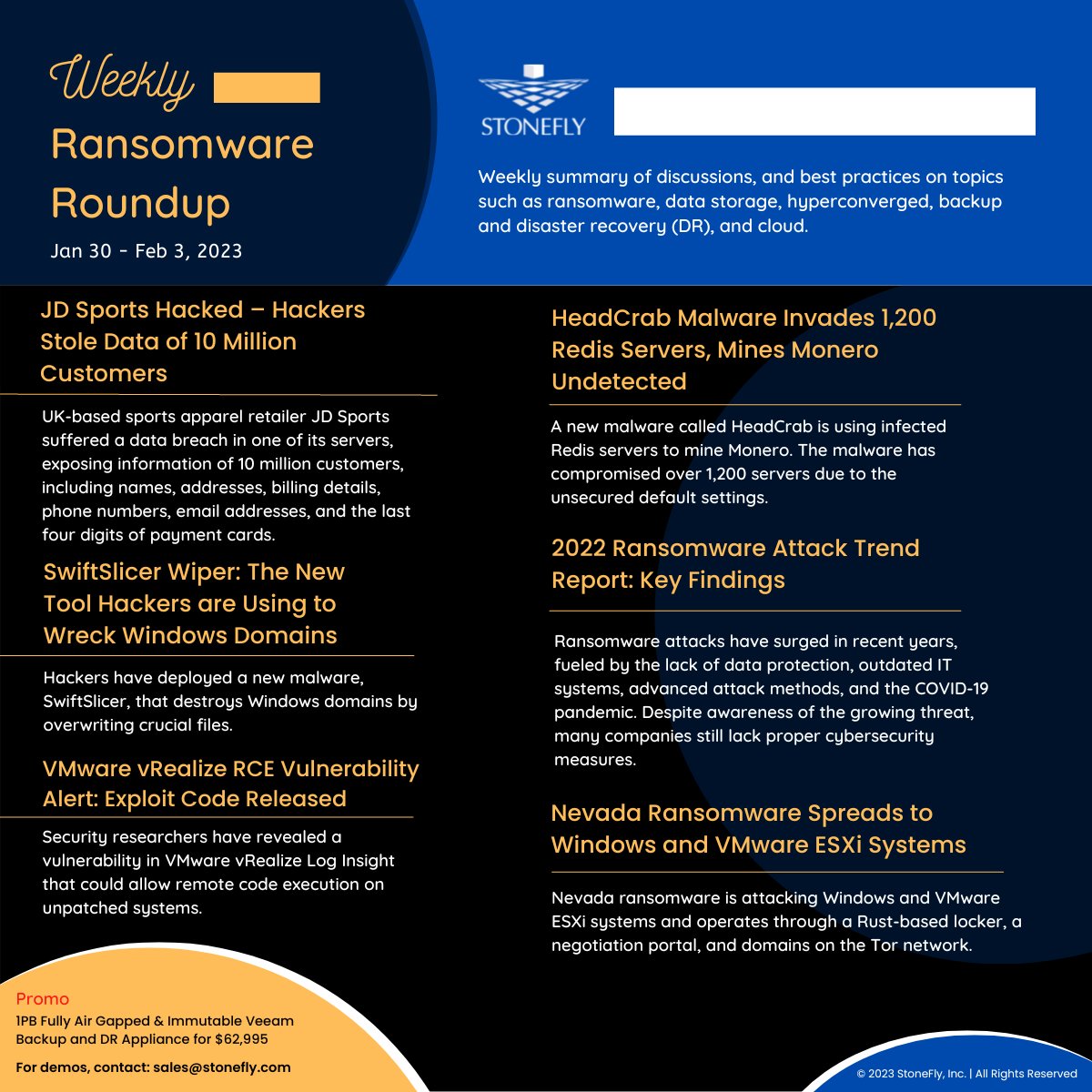 StoneFlyInc's tweet image. JD Sports was hacked - affecting 10 million customers, hackers are using #SwiftSlicer to wreck Windows domains, #VMware vRealize RCE vulnerability - exploit code released, #HeadCrab invades 1200 Redis servers, and more in this week&apos;s #ransomware roundup: bit.ly/3lpJvkl