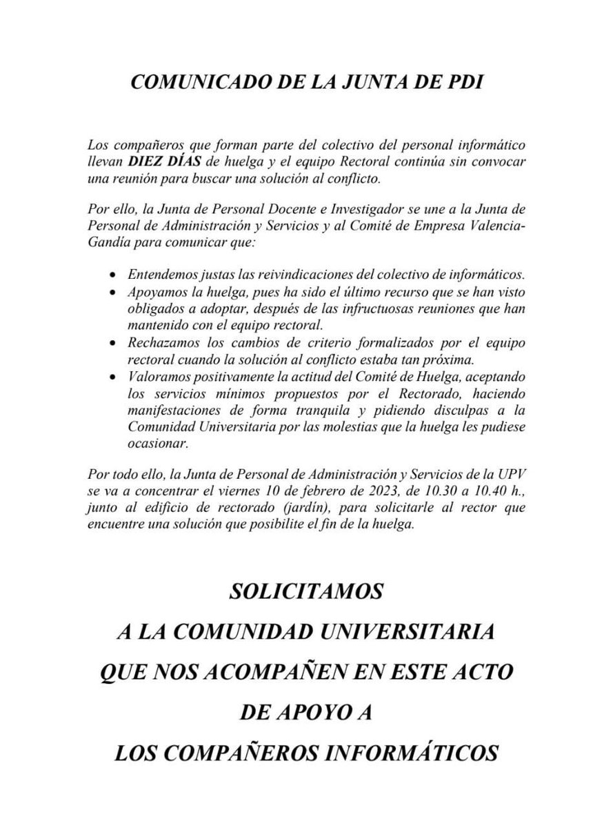 Compañeros, amigos y simpatizantes <a href="/UPV/">Universitat Politècnica de València</a> 
Os esperamos a todos mañana a las 10:30 delante de Rectorado.
Agradecemos vuestro apoyo
#huelgainformaticosUPV