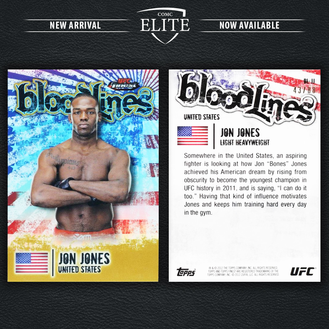 CheckOutMyCards's tweet photo. Check out this recently added 2012 Topps UFC Finest Bloodlines Gold Refractor of Jon Jones, numbered 43/88! 👀🛑🌟
Find this COMC Elite card on the COMC Marketplace! https://t.co/XFmHzfesWq
#comc #whodoyoucollect #jonbonesjones #ufc #mma #toppsufc #thehobby https://t.co/fsL4TErGD2