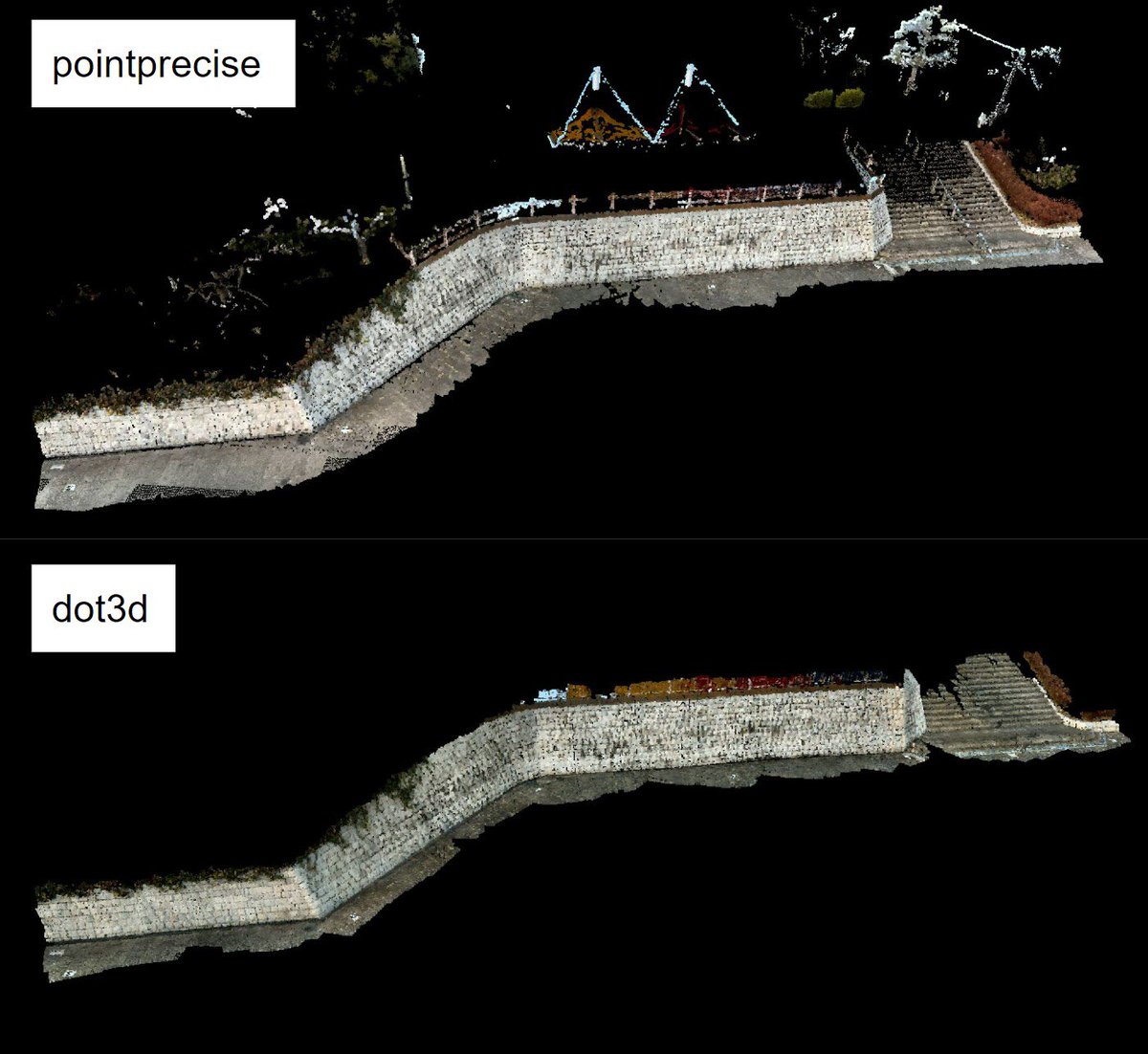 netch87's tweet image. 上が #pointprecise 下が #dot3d 、両者を比較してみた。
#pointprecise の寸法は、点群上でApriltag中央を選択し水平距離作成。
#dot3d の寸法は、別途 #drogger にてrtk-gnss してoptimize してるので、そのままrtk実測値から水平距離作成。
寸法の比較は実質rtkとの比較。