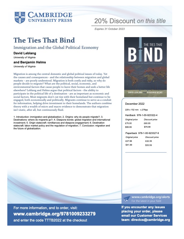 @PresidentHelms and I are thrilled to announce that our new book on #globalmigration has been released by @CUPBookshop 

The Ties that Bind: Immigration and the Global Political Economy